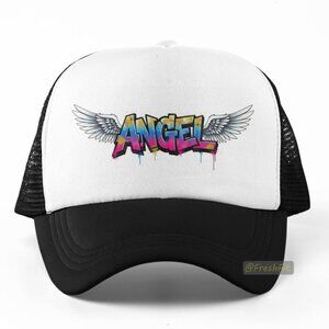🆕Angel Graffiti Foam Trucker Hat Mesh Snapback Cap Black/White